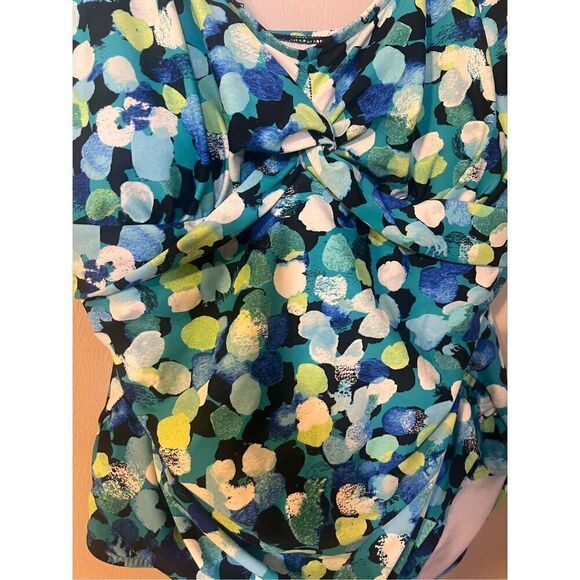 Maxine Of Hollywood 18W One Piece Swimsuit Blue Green Dot Print Ruched Slimming - Picture 3 of 9